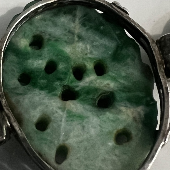 Antique Art Deco Bracelet Carved Green White Jadeite Sterling Chinese Export - Picture 9 of 13